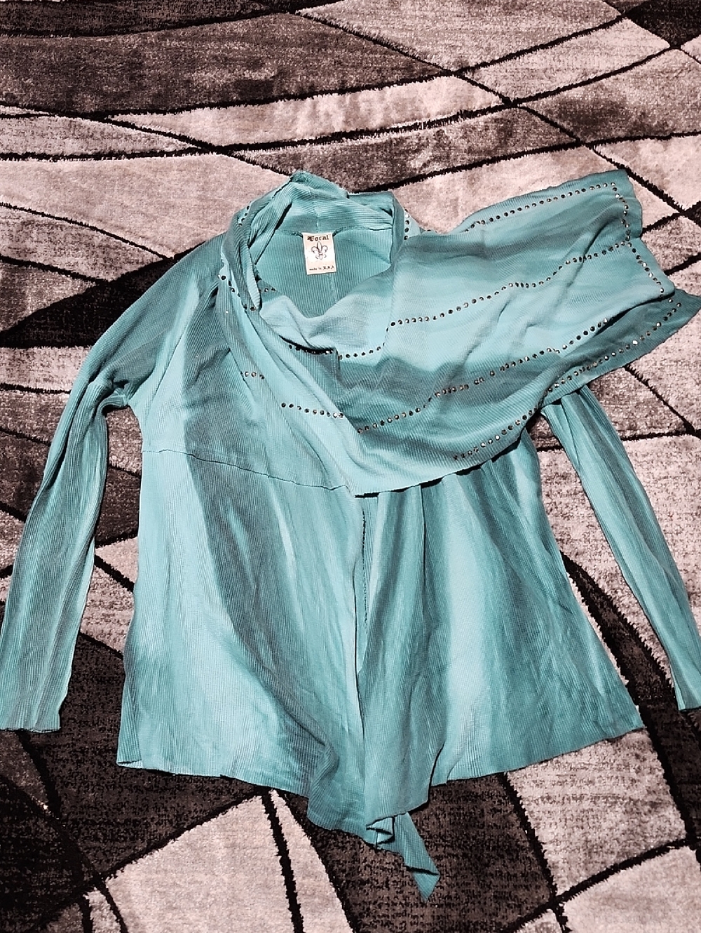 BUCKLE VOCAL TEAL BURN-OUT METALLIC-STUD OPEN-FRONT WATERFALL WRAP CARDIGAN